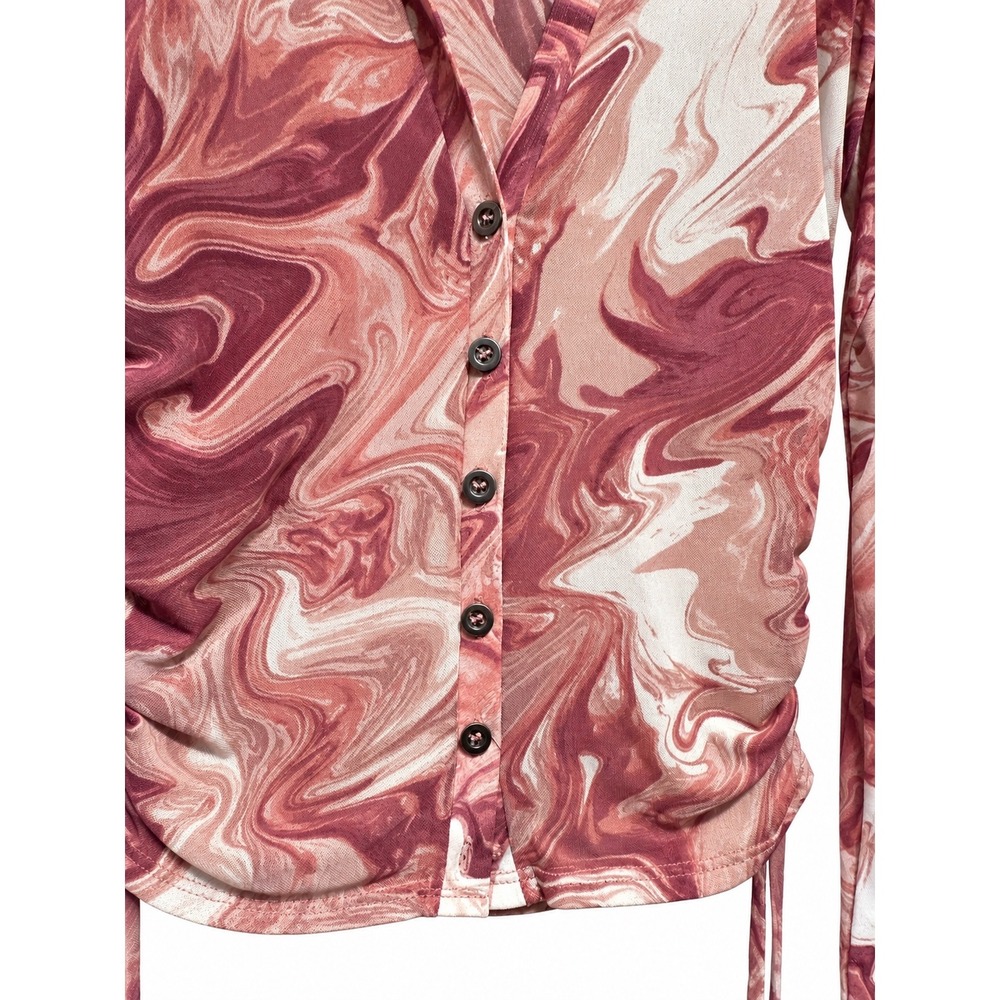 Skönhet Pink Marble Print Mesh Ruched Side Button Down Shirt Y2K Aesthetic - Picture 3 of 6